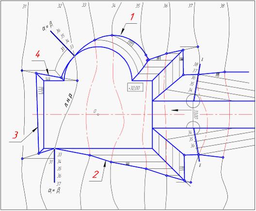 Определение границы земляных работ чертеж. Проекции с числовыми отметками инженерная графика. Построение границ земляных работ. Линия земляных работ. Нормативы уклонов вертикальная планировка.
